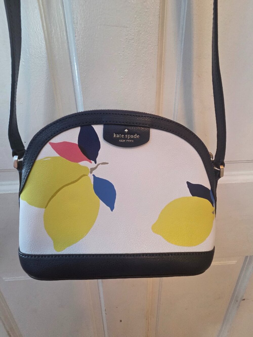 Kate Spade Lemon Citrus Print Crossbody White Pebbled Leather Adjustable Strap